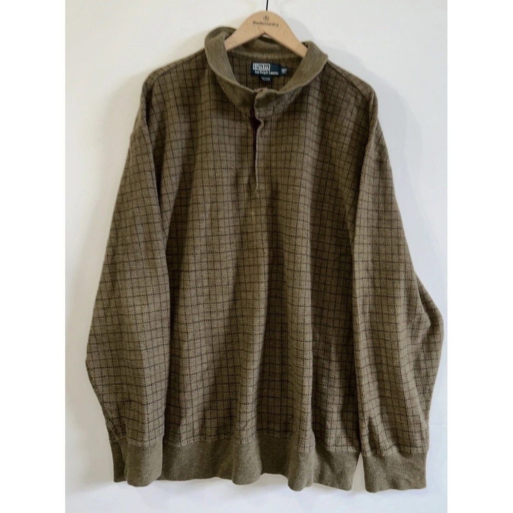 Polo Ralph Lauren Men's Brown Plaid Checked Cotton L/S Polo Sweater Size 2XLT